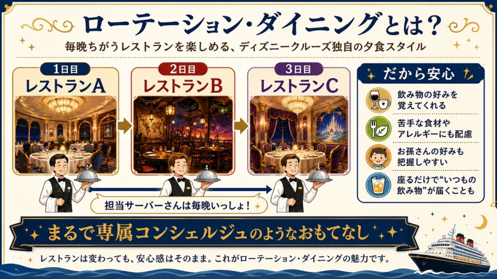 ディズニークルーズのローテーション・ダイニングの仕組み｜3つのテーマレストランをサーバーと共に巡る