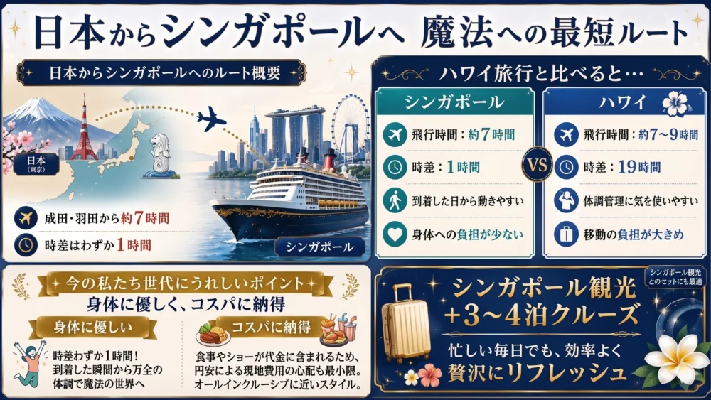 日本からシンガポールへの最短ルート｜飛行時間・時差・ハワイとの比較インフォグラフィック