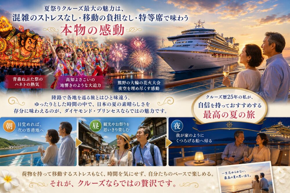 夏祭りクルーズの魅力|混雑のストレスなし・荷物を持っての移動なし・特等席で味わう本物の感動。青森ねぶた・高知よさこい・熊野大花火をダイヤモンド・プリンセスで
