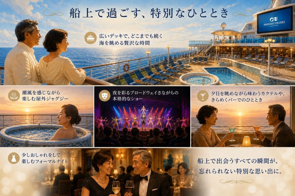 船上で過ごす特別なひととき。広いデッキで海を眺める贅沢な時間、潮風を感じる屋外ジャグジー、ブロードウェイさながらの本格的なショー、夕日を眺めるカクテルやバー、おしゃれを楽しむフォーマルナイト